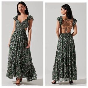 ASTR THE LABEL Primrose Floral Strappy Back Maxi Dress Black Green Ditsy size M